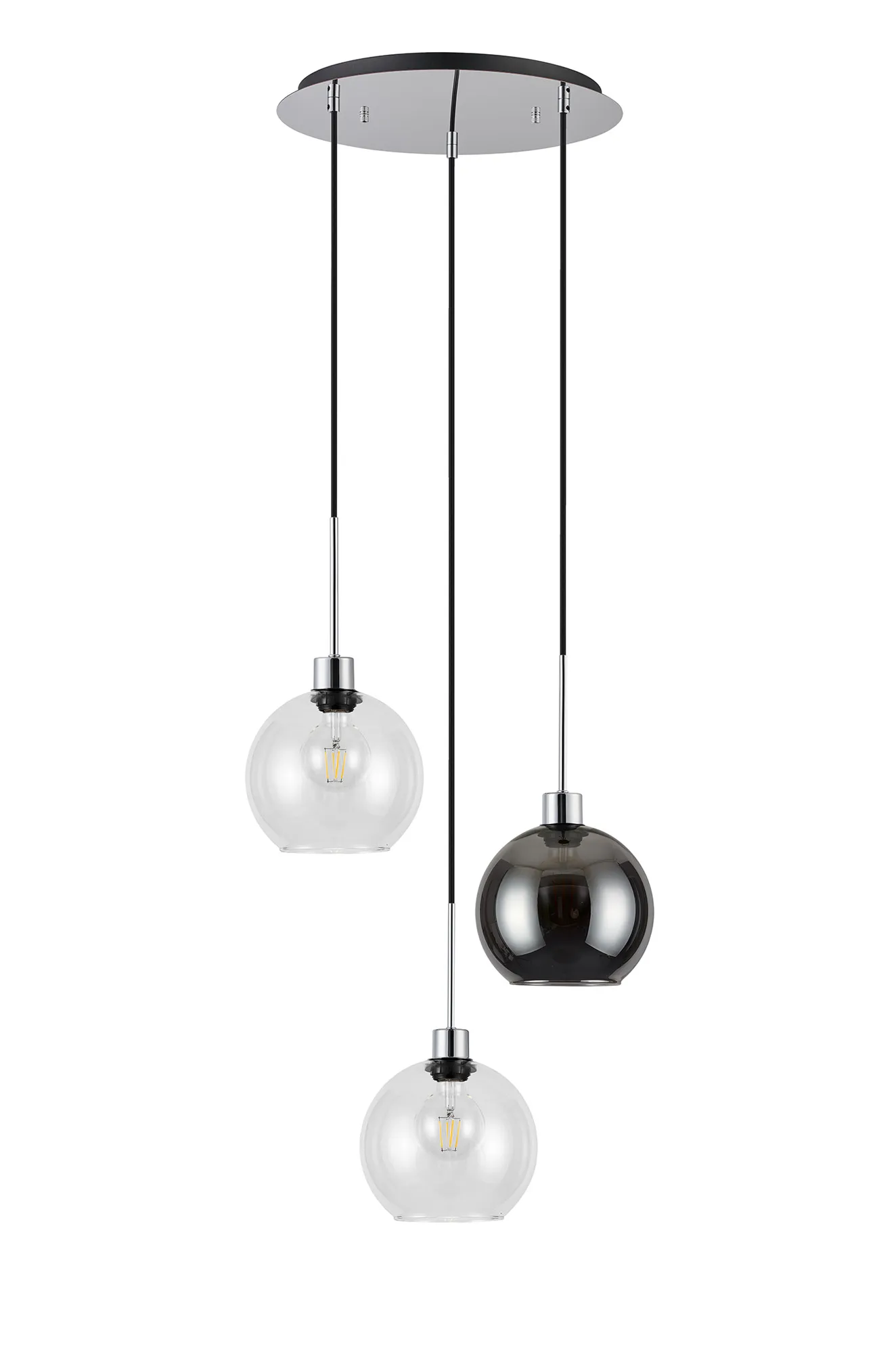 Lori 40cm Round Pendant, 3 Light Adjustable E27, Polished Chrome/Clear/Smoke Open Mouth Round Globe Shades DK1274  Deco Lori Polished Chrome